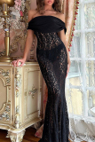 Black Sexy Solid Lace See-through Off the Shoulder One Step Skirt Dresses