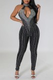 Blue Sexy Patchwork Hot Drilling Hollowed Out Turtleneck Skinny Jumpsuits
