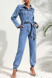 Blue Casual Street Solid Bandage Pocket Turndown Collar Long Sleeve Regular Denim Jumpsuits