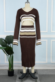 Brownness Casual Patchwork Contrast V Neck Long Sleeve Two Pieces