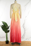 Yellow Elegant Gradual Change Patchwork Spaghetti Strap Printed Dress Dresses