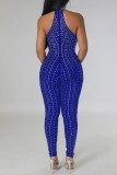 Blue Sexy Patchwork Hot Drilling Hollowed Out Turtleneck Skinny Jumpsuits