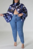 Blue Sexy Casual Print See-through Slit Turtleneck Plus Size Tops