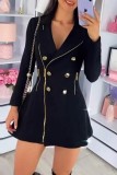 Black Casual Solid Patchwork Zipper Turndown Collar Long Sleeve Dresses