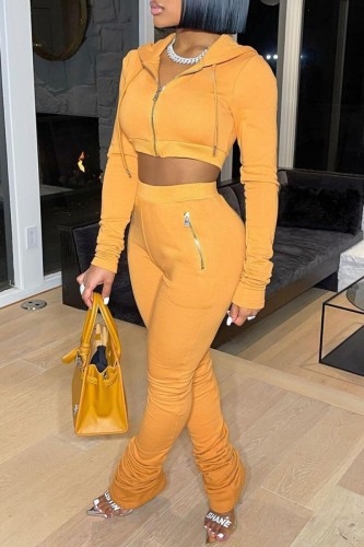 Yellow Casual Solid Patchwork Zipper Collar Long Sleeve Two Pieces