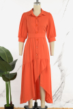 Orange Red Casual Solid Patchwork Turndown Collar Irregular Dress Dresses