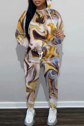 Earth Yellow Casual Print Basic Hooded Collar Long Sleeve Two Pieces