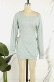 Grey Casual Solid Patchwork Cross Straps Oblique Collar Long Sleeve Dresses