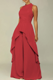 Red Elegant Solid Patchwork Pleated Halter Long Sleeve Two Pieces