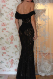 Black Sexy Solid Lace See-through Off the Shoulder One Step Skirt Dresses