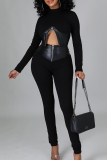 Casual Solid Patchwork Zipper O Neck Long Sleeve Two Pieces
