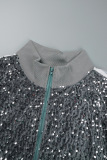 Silver White Casual Sequins Patchwork Zipper Plus Size Two Pieces