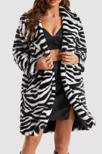Faux Fur Casual Zebra Print Cardigan Turndown Collar Outerwear