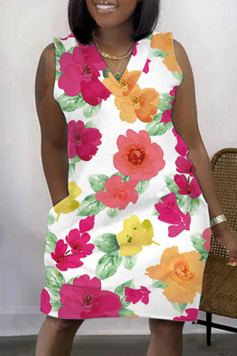 White Casual Print Basic O Neck Sleeveless Dress Dresses