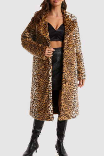 Faux Fur Casual Leopard Cardigan Turndown Collar Outerwear