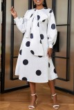 Casual Dot Print With Belt With Bow O Neck Long Sleeve Dresses