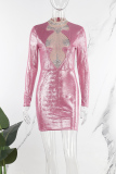 Pink Sexy Patchwork Hot Drilling See-through Half A Turtleneck Wrapped Skirt Dresses