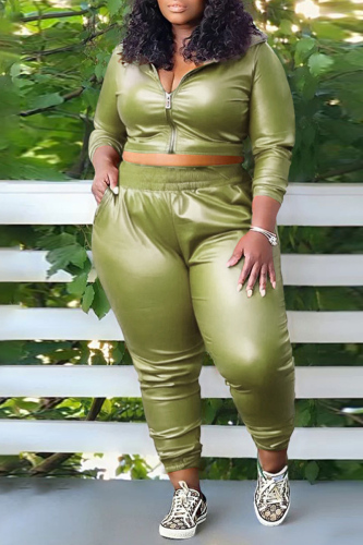Green Casual Solid Patchwork Zipper Collar Plus Size Two Pieces