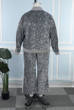 Silver White Casual Sequins Patchwork Zipper Plus Size Two Pieces