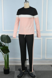 Pink Casual Patchwork Contrast O Neck Long Sleeve Two Pieces
