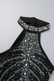 Black Sexy Patchwork Hot Drilling Tassel See-through Sleeveless Dress Dresses