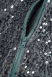 Black Casual Sequins Patchwork Zipper Plus Size Two Pieces