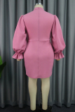 Pink Casual Solid Patchwork Half A Turtleneck Long Sleeve Dresses
