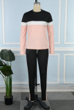 Pink Casual Patchwork Contrast O Neck Long Sleeve Two Pieces