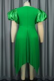 Green Casual Solid Patchwork Asymmetrical Square Collar Pleated Short Sleeve Dress