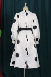 Casual Dot Print With Belt With Bow O Neck Long Sleeve Dresses