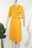 Yellow Casual Solid Patchwork O Neck Pleated Dresses