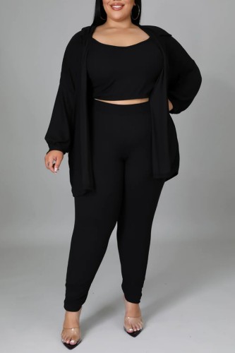 Casual Solid Basic O Neck Plus Size Three Piece Set