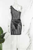 Black Sexy Patchwork Hot Drilling Backless Slit Oblique Collar Sleeveless Dress Dresses