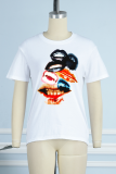 Sexy Street Lips Printed Patchwork O Neck T-Shirts