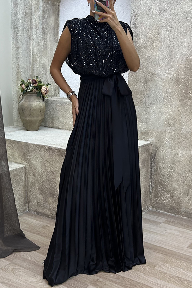 Sexy Solid Sequins Frenulum Half A Turtleneck Sleeveless Dress Dresses