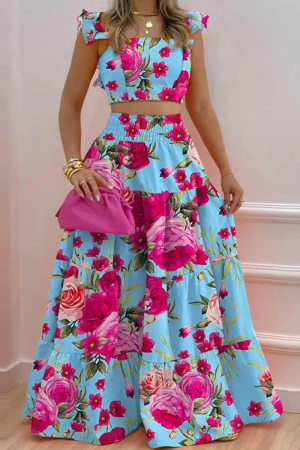 Floral Print Sleeveless Boat Neck Crop Top and Maxi Skirt Daily Vacation Matching Skirt Set
