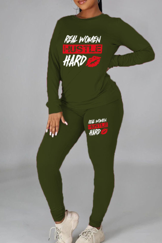 Army Green Casual Print Patchwork O Neck Long Sleeve Two Pieces