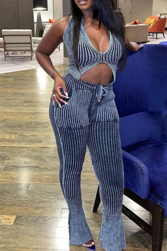 Sexy Solid Patchwork Draw String Pocket V Neck Sleeveless Two Pieces