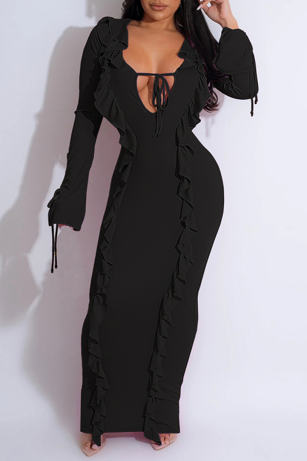 Casual Solid Hollowed Out Frenulum V Neck Long Dress Dresses