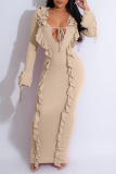 Casual Solid Hollowed Out Frenulum V Neck Long Dress Dresses
