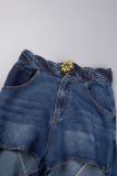Blue Casual Patchwork Metal Accessories Decoration Contrast High Waist Regular Denim Jeans