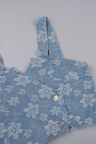 The cowboy blue Celebrities Print Patchwork Pocket Buttons Zipper Spaghetti Strap Sleeveless Two Pieces