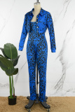 Blue Casual Print Leopard Patchwork Turndown Collar Long Sleeve Two Pieces
