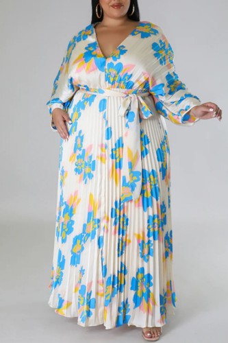 Casual Print Pleated V Neck Long Dress Plus Size Dresses