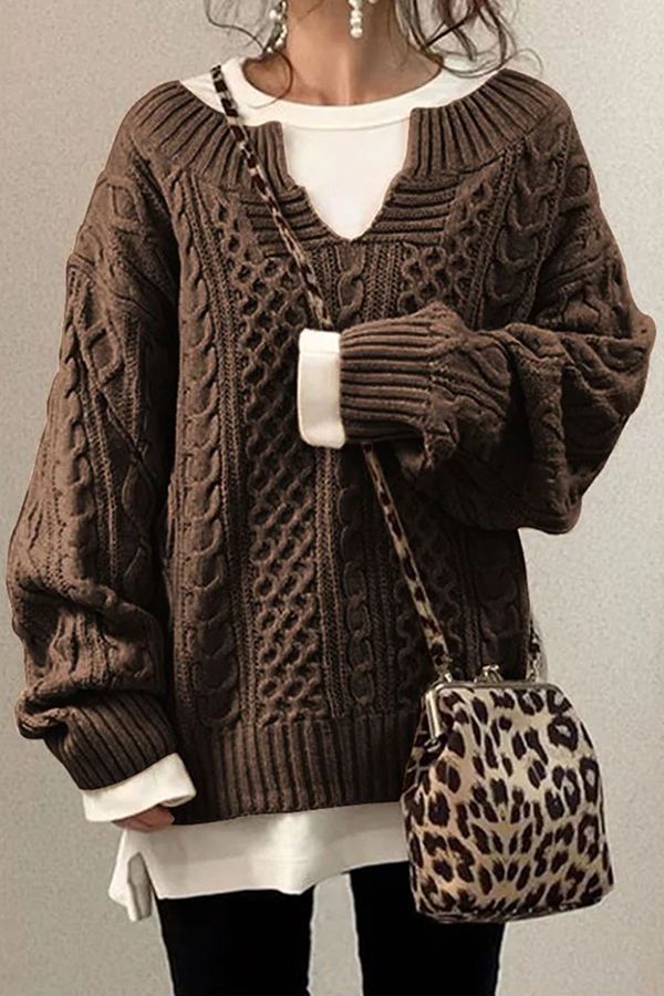 Casual Solid Patchwork V Neck Tops Sweater