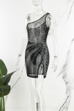 Black Sexy Patchwork Hot Drilling Backless Slit Oblique Collar Sleeveless Dress Dresses