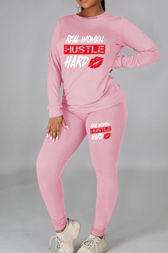Pink Casual Print Patchwork O Neck Long Sleeve Two Pieces