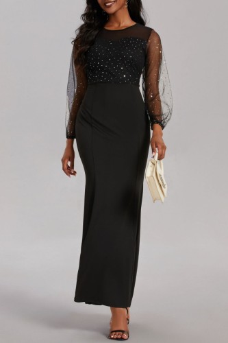 Casual Patchwork See-through O Neck One Step Skirt Dresses