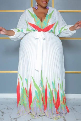 Casual Print Pleated V Neck Long Sleeve Plus Size Dresses