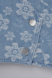 The cowboy blue Celebrities Print Patchwork Pocket Buttons Zipper Spaghetti Strap Sleeveless Two Pieces